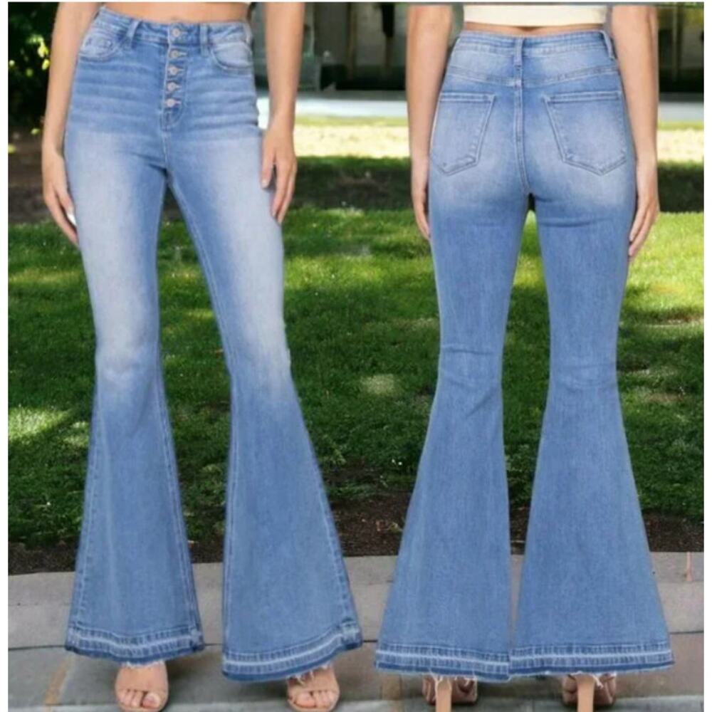 Vervet High Rise Button Fly Flare Jeans Womens 31 Light Wash Raw Hem Denim